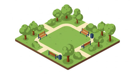 Isometric City Park with Trees and Benches