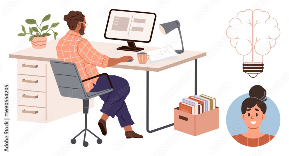 Poster man at desk using computer with stack of books, lamp, and plant. light bulb represents creativity, f