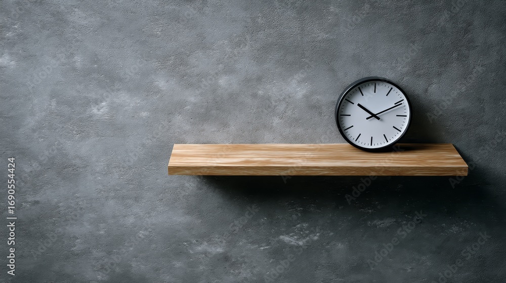 Poster modern round wall clock with black frame and white face resting on rustic oak shelf against textured