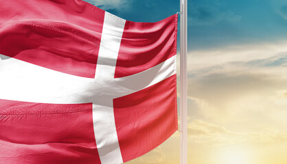 Denmark national flag waving in an amazing sunlight.