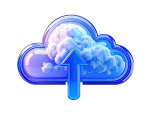 3D cloud upload icon,  glossy, vibrant purple-blue cloud with upward arrow