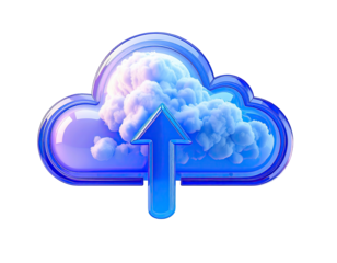 3D cloud upload icon,  glossy, vibrant purple-blue cloud with upward arrow