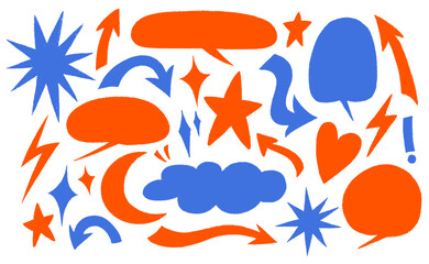 Comic crayon speech bubbles and shapes set in hand-drawn style with pastel chalk stars, arrows, clouds and hearts.