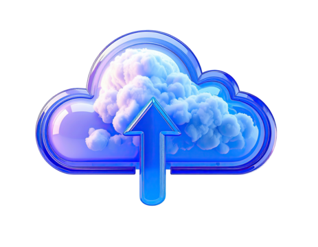 3D cloud upload icon,  glossy, vibrant purple-blue cloud with upward arrow