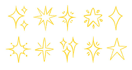 Crayon Star and Moon Doodle Set in Hand-Drawn Style. Includes Spark Yellow Stars