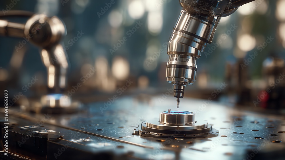 Poster a precision robotic arm meticulously works on a metallic component within a modern industrial settin