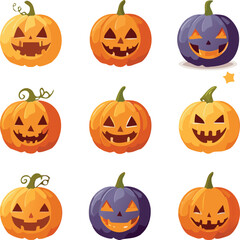 Vector illustrations of spooky Halloween pumpkins with different carved faces for an autumn celebration