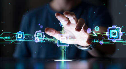 Technological Advancement: A Hand Interacting with Abstract Digital Circuitry and Data Flow