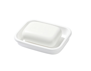 Rectangular white plastic soap dish with a recessed soap holder