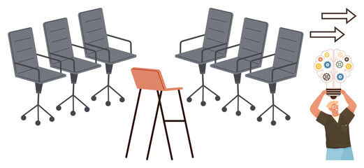 Rotating office chairs form a team setting with one unique chair symbolizing leadership individuality. A person with a glowing idea bulb signifies creativity. Ideal for leadership, team dynamics