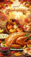 A festive thanksgiving feast featuring a goldenbrown roasted turkey, pumpkins, and autumn leaves, creating a warm and inviting holiday atmosphere