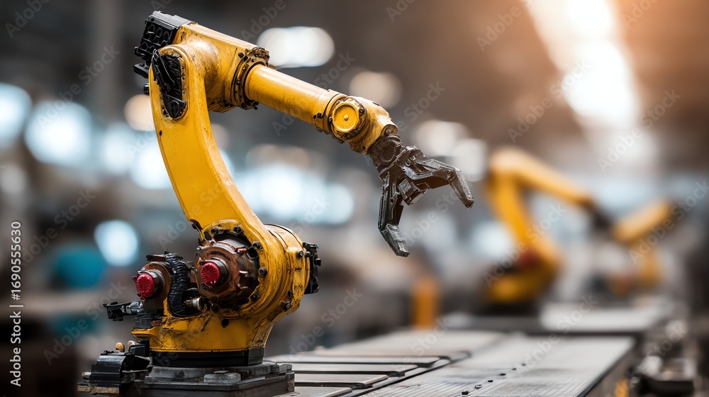 Poster a powerful industrial robotic arm extends purposefully within a manufacturing environment, showcasin