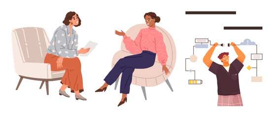 Two women comfortably seated discussing ideas, with a man standing and aligning workflow diagram. Ideal for teamwork, communication, brainstorming, strategy, productivity, education, simple flat