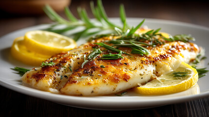 Lemon tilapia fillet served with herbs on plate, concept of seafood and healthy meal 