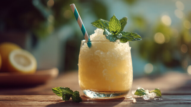 Lemonade slushie drink in glass with straw and mint, concept of refreshing summer beverage