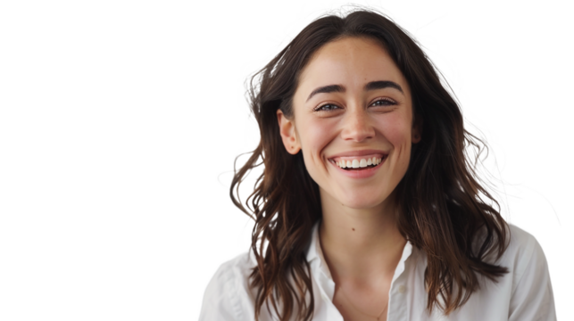 Happy young woman laughing with a bright smile, professional portrait