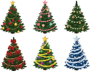 Set of six Christmas tree illustrations, festive decorated holiday trees with ornaments, garlands, stars, bows, perfect for seasonal designs.