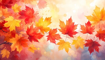 abstract vector illustration of red and yellow maple leaves with soft focus light and bokeh background