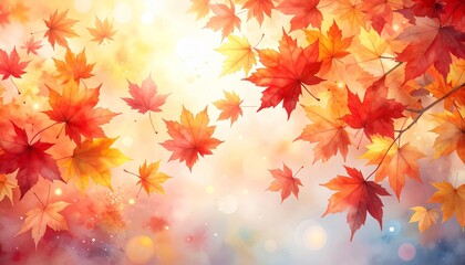 Fototapeta premium abstract vector illustration of red and yellow maple leaves with soft focus light and bokeh background