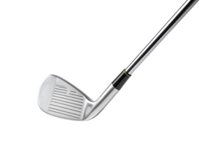 Close-up of a golf iron clubhead and shaft.  The clubhead is a light gray metal with milled grooves.  A chrome shaft connects to the head