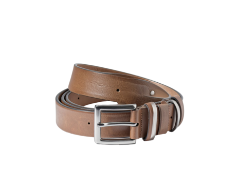 Tan leather belt, rectangular buckle, coiled, simple style