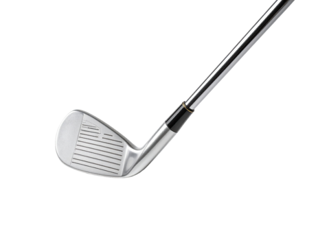 Close-up of a golf iron clubhead and shaft.  The clubhead is a light gray metal with milled grooves.  A chrome shaft connects to the head