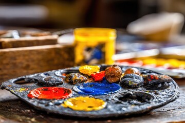 Close-up of a used artist's palette, various colors