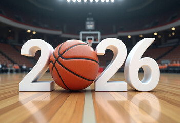 Numbers 2026 with basketball ball standing on basketball court, concept of sports, youth, competition, championship promotions