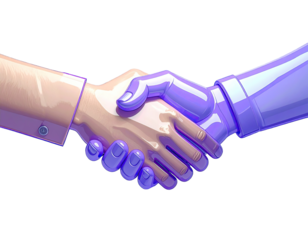 A stylized illustration of a human hand shaking hands with a robotic hand.  The hands are a light beige and a vibrant purple, appearing smooth and three-dimensional. 