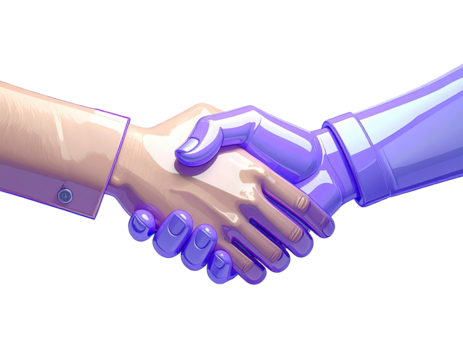 A stylized illustration of a human hand shaking hands with a robotic hand. The hands are a light beige and a vibrant purple, appearing smooth and three-dimensional.