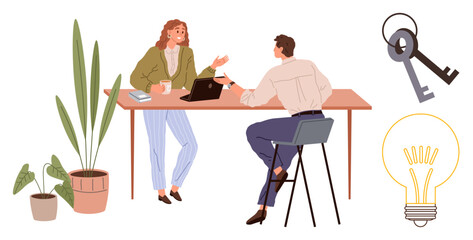 Two colleagues seated at a desk discussing ideas, surrounded by houseplants. Keys and a lightbulb symbolize solutions, innovation, and opportunities. Ideal for collaboration, teamwork, creativity