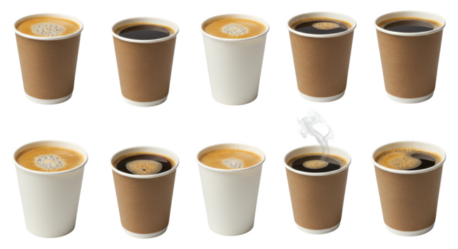 A set of paper cups of coffee on a transparent background