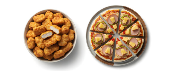 Fototapeta premium Bowl of chicken nuggets and a sliced pizza with pineapple and jalapenos, isolated on white background