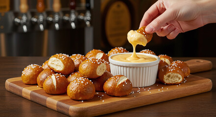 A hand dipping a pretzel bite into cheese sauce surrounded by more pretzel bites on a wooden board