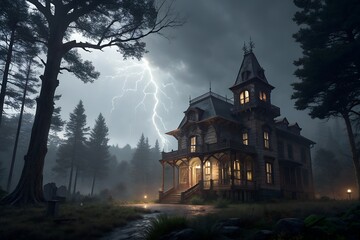Spooky Haunted Mansion with Lightning Halloween Scene