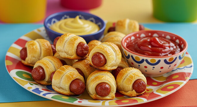 Close up of pigs in a blanket with mustard and ketchup on a colorful plate and background scene