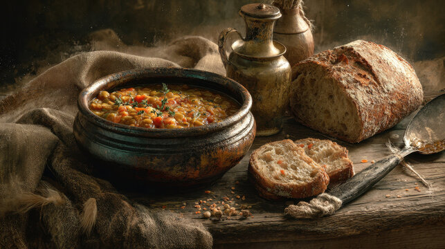 Rustic vegan lentil stew with carrots and herbs served in clay pot with fresh bread on wooden table