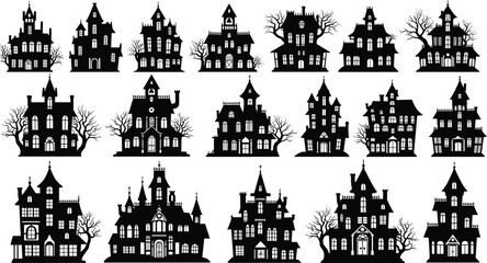 Set of 20 haunted house silhouettes with gothic trees — spooky Halloween vector for horror, decoration, storytelling, and eerie design themes