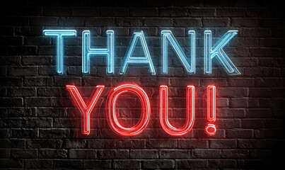 Obraz premium Vibrant Blue and Red Neon Thank You Sign Glowing Against a Dark Brick Wall.