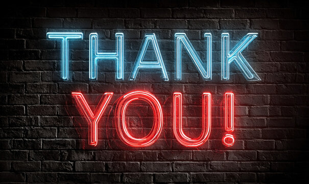 Vibrant Blue and Red Neon Thank You Sign Glowing Against a Dark Brick Wall.