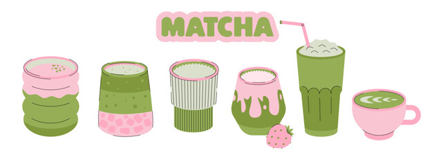 Matcha latte served in various cups and glasses, with pink decorations and a strawberry garnish. Vector flat illustration of green tea drinks.