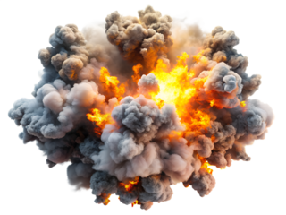 Realistic explosion with fire and smoke effect isolated on transparent background for visual effects