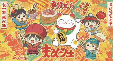 Chibi characters and japanese food illustration evokes a festive atmosphere and charm