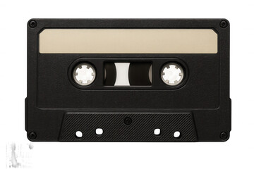 Vintage black audio cassette with blank beige label, highlighting analog music recording technology against transparent background