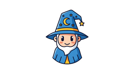 Charming Cartoon Wizard with Blue Starry Hat Crescent Moon and White Beard Isolated Vector