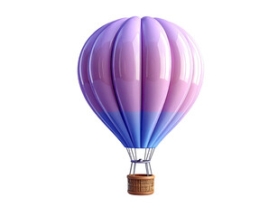 Naklejka premium A vibrant hot air balloon, shaded in a gradient of light purple and blue, with a wicker basket, floats against a black background