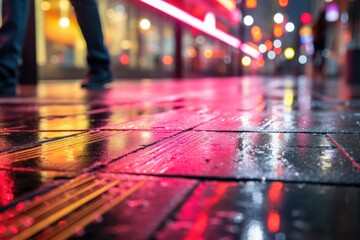 Glistening wet city pavement reflecting neon lights, capturing the dynamic essence of urban nightlife.