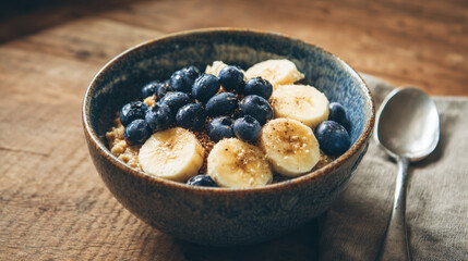 Warm oatmeal topped with banana slices and blueberries in a ceramic bowl on a rustic wooden table