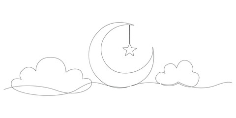 Moon Star and Clouds One Line Drawing night Vector illutration isolated on white background