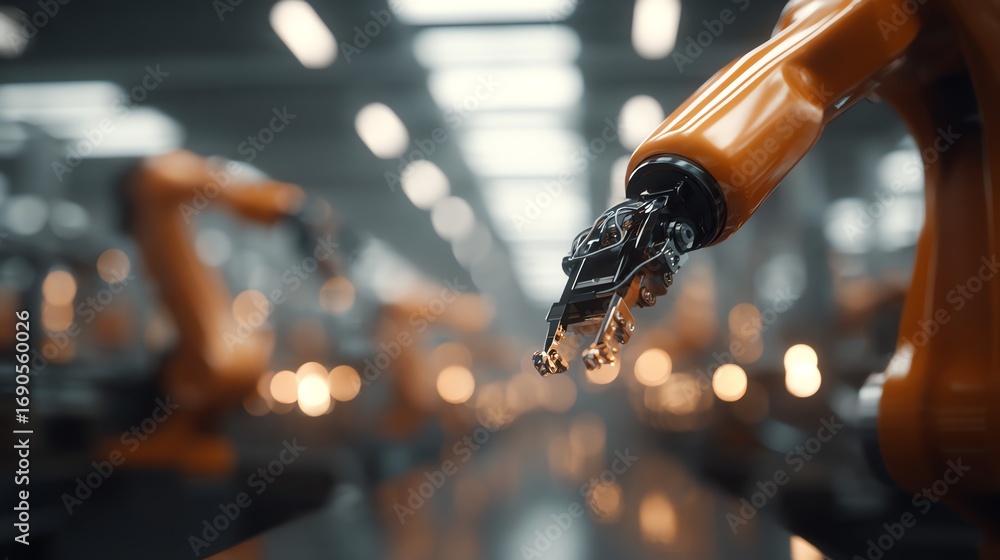 Poster an orange robotic arm extends forward within a blurred industrial setting, showcasing automation and